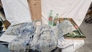 lot 70 image: Lot of Coca Cola Bottles and Denim Coat(no size shown, looks to be Medium-Large)