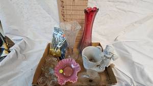 lot 74 image: Fenton Ruffled Edge Cranberry Dish and Various Glassware