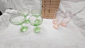 lot 94 image: Lot of 4 UraniumVaseline Sherbet Dishes with 3 Depression Juice Glasses