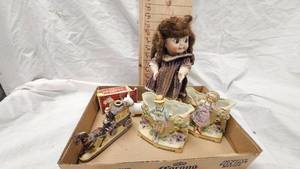 lot 97 image: Hand Painted Bisque Vases, Porcelain Doll, and ColognePerfume Bottles