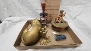 lot 102 image: Vintage Ice Crusher, Plaster Cat, Music Box, Beaded Whimsey Purse