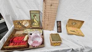 lot 110 image: Victorian Art Glass Basket with Candy stripe Pattern and Storage Boxes