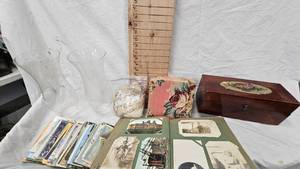 lot 111 image: Post Card Collection, wood Storage Box and Vintage Items