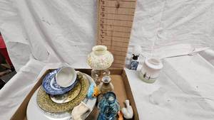 lot 128 image: Minature Oil Lamps, Plates, Cup and Saucer, Hand Painted Lamp Shade