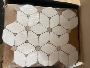 lot 16 image: Cecily Mosaic Tile Sheets - White Octagon with Tan Centers, 12.6 x 10.83 in, 0.38 in Thick, 14 Sheets