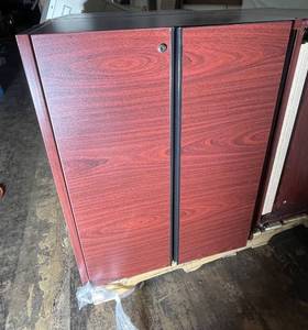 lot 49 image: 3 Two-Door Wood Veneer Cabinets with Black Tops - StorageBar Console