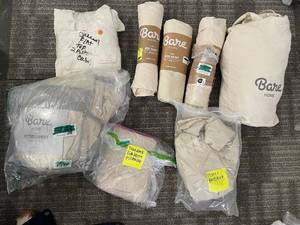 lot 131 image: Bare Home Queen Bed Skirt & Fitted Sheet Set with Queen Pillowcases