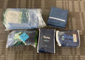 lot 156 image: Bare Home Twin Sheet Set & Premium Bed Skirt Bundle - Microfiber, Navy Geometric Pattern