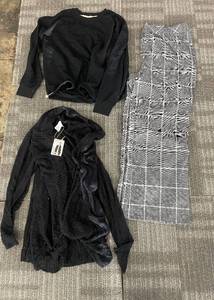 lot 204 image: Serra Circle Cardigan ML - Black Knit Top, BlackWhite Plaid Wide-Leg Pants (3-Piece Set)
