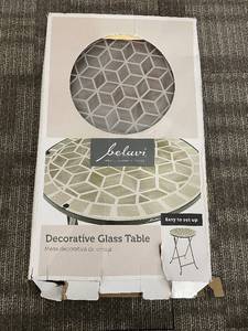 lot 290 image: Belavi Decorative Glass Table - Round Glass Top with Geometric Pattern
