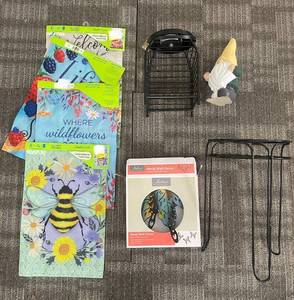 lot 360 image: Belavi Metal Wall Dcor Butterfly Design & Assorted Garden Flags & Plant Stands Lot