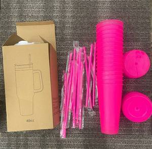 lot 518 image: 40 oz Beverage Tumbler and Pink Reusable Cups with  Lids, Straws