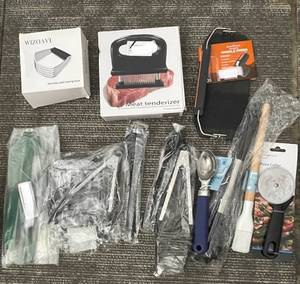 lot 522 image: Stainless Steel Baking Tools  Meat Tenderizer, Griddle Press, Pizza Cutter