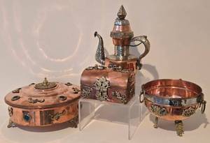 lot 141K image: LL-BR - Copper 4-Piece Tea Set with Silver Overlay & Gem Accents