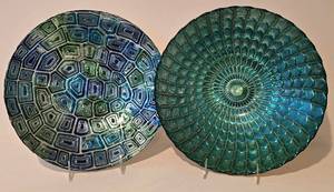 lot 155K image: LL-BR - Decorative Glass Plates - 12 in & 12.5 in, TealBlue Geometric Pattern (Lot of 2)