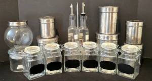 lot 268K image: LL-FR - Oil & Vinegar Set - 6 Glass Jars With Chalkboard Labels, 6 Metal Canisters, 2 Covered Glass Jars
