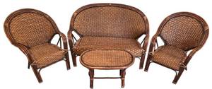 lot 269K image: LL-FR - Rattan Woven Outdoor Patio Set - Loveseat  2 Chairs  Table