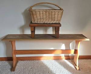 lot 275K image: LL-FR - Vintage Wooden Bench With Stool & Wicker Basket