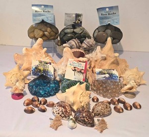 lot 323K image: LL-FR - Coastal Seashells & River Rocks Lot - Pink Conch, 7-Inch Bowl  Marble Accents