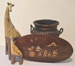 lot 325K image: LL-FR - Giraffe Figurines (Set of 2) & Wooden Wall Plaque with Carriage Scene & Woven Jar Basket