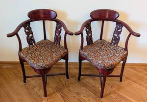 lot 5 image: Ml - Pair of Vintage Chinese Export Carved Wood Dragon Motif Corner Armchairs