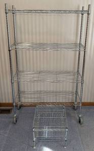 lot 45 image: UL - Pair of Chrome Wire Shelving Racks - 4-Shelf, 58.5 in High, 14 in Deep on Casters