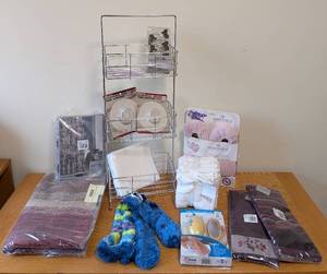 lot 51 image: UL - Bath Accessory Lot - Apt. 9 Shower Curtain, Bacova Bath Rug, Hair Catchers, Ped Egg, Warmies Slippers