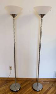 lot 89 image: ML - Pair of Silver Floor Lamps - 71 in tall with White Plastic Shades