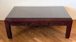 lot 92 image: ML - Vintage Glass-Top Chinese Carved Rosewood Coffee Table