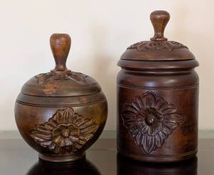 lot 94 image: ML - Pair of Carved Wooden Jars with Lids - Floral Rosette Motif