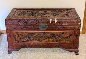 lot 363 image: LL - Chinese Carved Hardwood Chest - Crane & Floral Scene