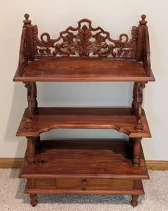 lot 365 image: LL - Carved Wood Etagere Shelf , Ornate Back Panel