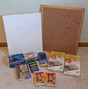 lot 369 image: LL - Assorted Office & Art Supplies Lot - Whiteboard, Corkboard, 2-Hole Punch, Gift Tape, Pins, Pencils