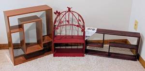 lot 373 image: LL - Decorative Wall Shelves Set of 3 - Light Wood Geometric, Red Birdcage, Dark Wood - Largest 18 in x 22 in