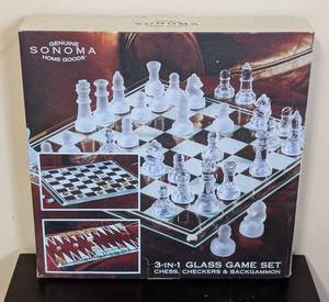 lot 377 image: ML - Genuine Sonoma 3-in-1 Glass Chess, Checkers & Backgammon Set