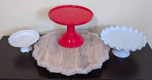 lot 379 image: ML - Ceramic Cake Plates & Wood Serving Tray - New, 17 in Diameter