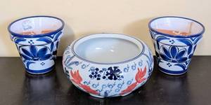 lot 383 image: ML - Delft-Style Blue & White Ceramic Planters - 3-Piece Set (Koi & Floral Motifs)