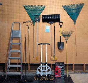 lot 387 image: G - Toro Power Sweep Electric Blower Model 51585 - Yard Tools Bundle Ladder, Rakes, Shovels