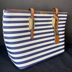 lot 133C image: B1 - ALDO Striped Tote Bag - Navy & White, 9 x 15 in, Brown Leather Trim