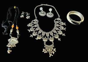 lot 288C image: B1 - Ethnic Silver Necklace Set with Earrings and Cuff Bracelet - Oxidized Finish