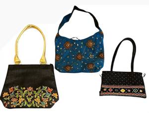 lot 292C image: B1 - Boho Embroidered Handbags - Set of 3 Black Floral Vines, Blue Beaded, Black Quilted