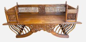 lot 1R image: K -Indian Teak Elephant Saddle with Spindle Galleries and Bentwood Supports  Hardwood Elephant Howdah Seat