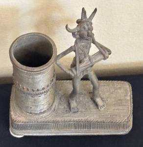 lot 14R image: K - Dhokra Brass Figure - Vintage Indian Horned Warrior with Cylinder