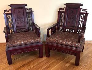 lot 15R image: LR - Pair of Vintage Carved Rosewood Armchairs with Dragon Panels