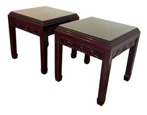 lot 16R image: LR - Pair of Vintage Carved Wood End Tables with Glass Tops