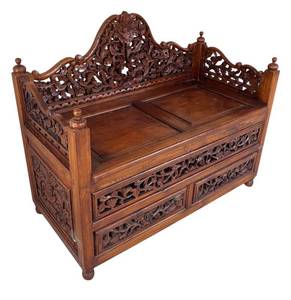 lot 18R image: P - Vintage Hand Carved Southeast Asian Balinese- Style Two Seater Storage Bench