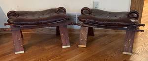 lot 20R image: LR - Pair of Wood Camel Saddle Stools W Leather Seat Pads and Brass Inlay