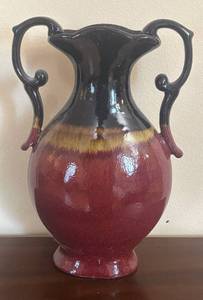 lot 21R image: K - Ceramic Vase Black Neck Burgundy Body with Double Scroll Handles
