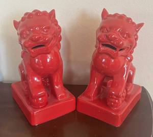 lot 23R image: K - Pair of Red Glazed Red Ceramic Foo Dog Statues