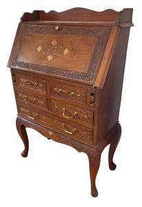 lot 25R image: DR - Vintage Secretary Desk with Beautiful Brass and Copper Inlaid Design